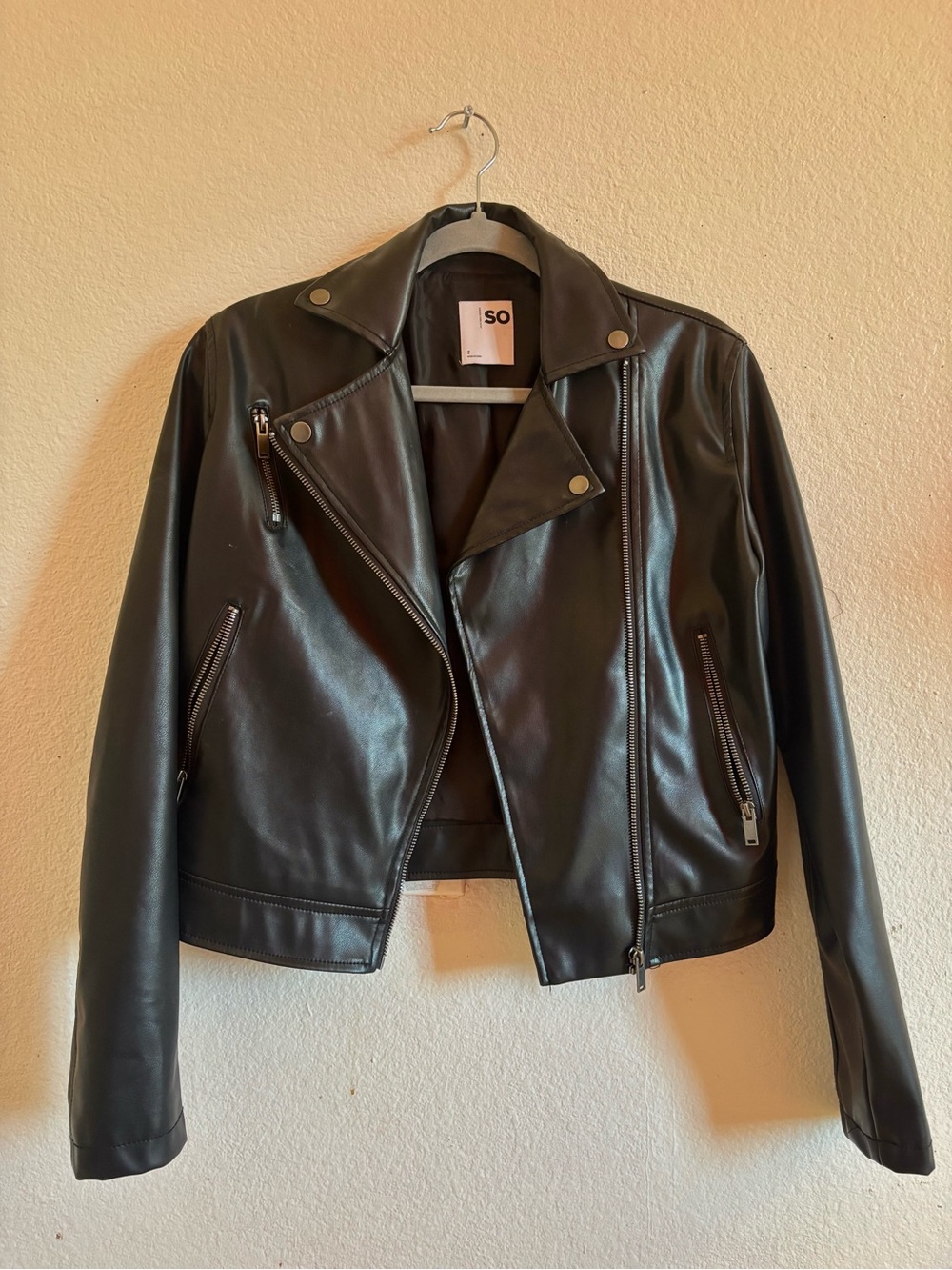 SO Black Faux Leather Moto Jacket with Silver Hardware